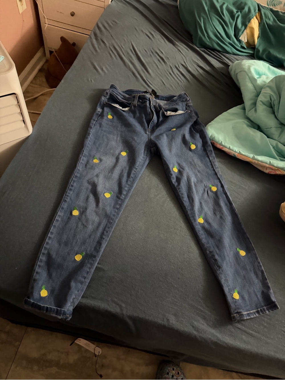 Baccini Dark Blue Skinny Jeans with Yellow Pineapple Embroidery